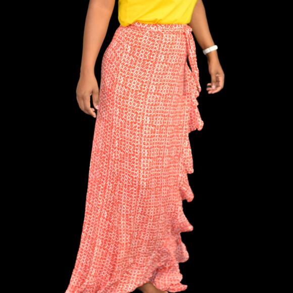 Cleobella Evangeline Wrap Skirt Red Print Maxi Anthropologie White Ruffle Medium - Picture 15 of 15